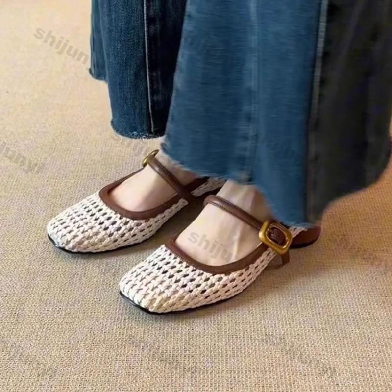 Women's Chunky Heels Summer Vintage Square Toe Weave Hollow Breathable Mary Jane Shoes Fashion Buckle Strap Comfortable Sandals
