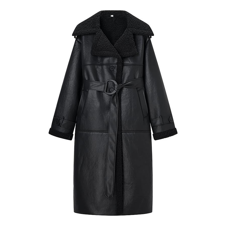 Women's Warm Thick Lapel Leather Jacket Winter Lamb Wool Long Sleeve Pocket Overcoat Single-breasted Street Trench Coats with Belt