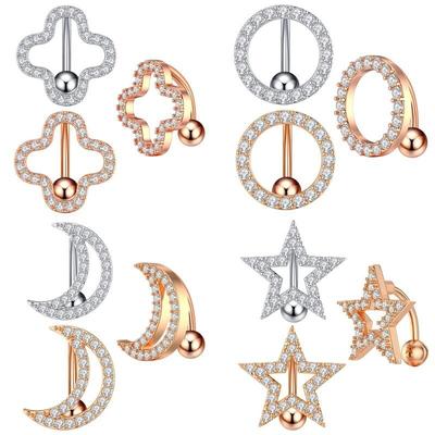 Reversed Bar Star Moon Four-leaf Clover Navel Piercing Nombril for Women Girl Crystal Belly Button Ring Inverted Barbell Jewelry