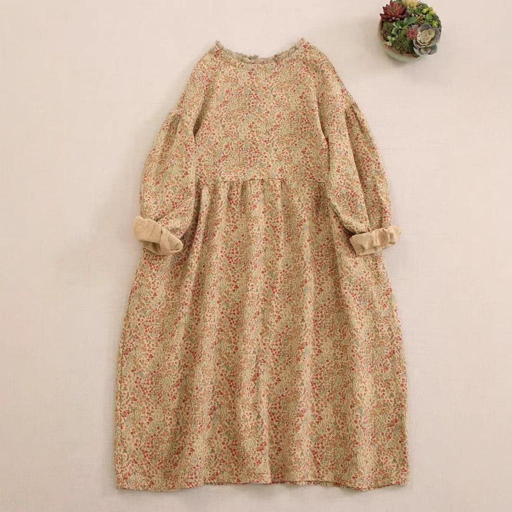 Sweet floral long-sleeved dress women's loose versatile fungus lace collar printed medium and long skirt