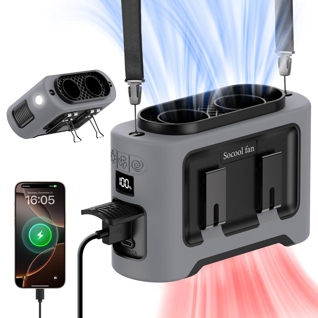 Socool 14500mAh Přenosný pasový ventilátor Dvojitý výstup vzduchu Turbo motory se čtyřmi klipy Nouzové světlo Power Banka pro venkovní použití