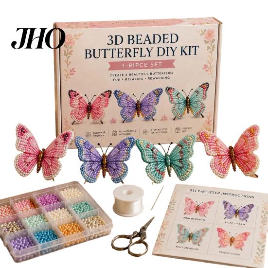 Entspannende Bastelprojekte 3D Perlen Schmetterling Set, Kleines Tier DIY Handgemachtes Kunst Set für Erwachsene mit Anleitung, Süßes 4er-Pack Schmetterlinge Perlenstickerei
