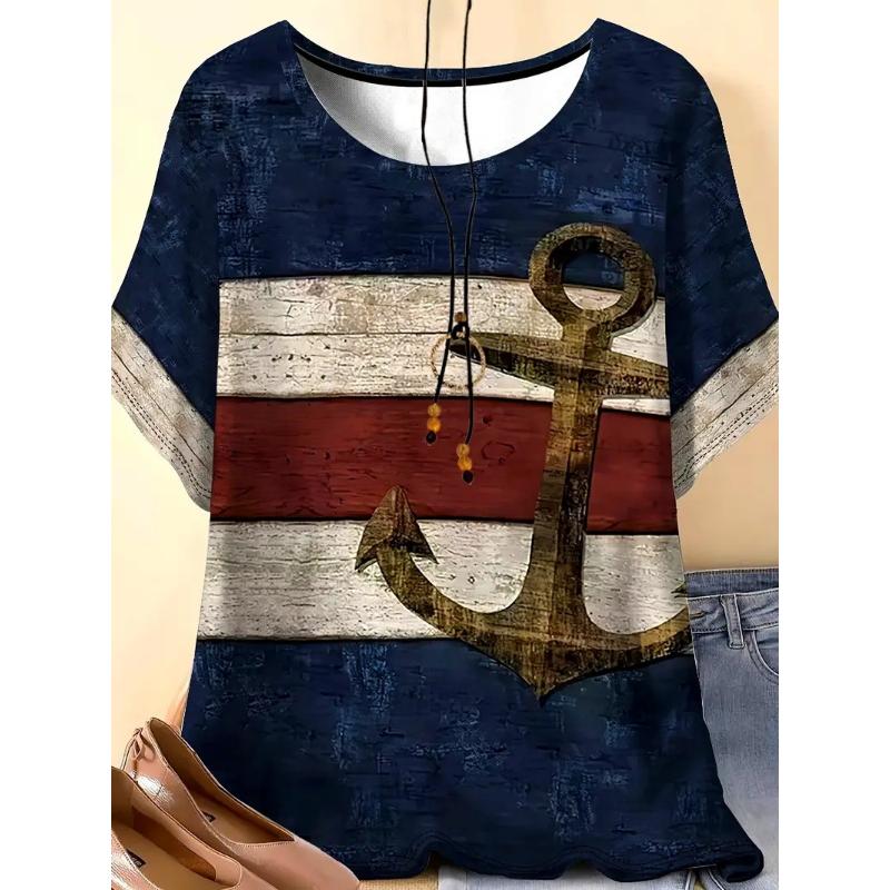 Fashion Women s Crew Neck T-Shirt 3D Striped Color Printing Striped Short Sleeve Crew Neck Short Sleeve XS