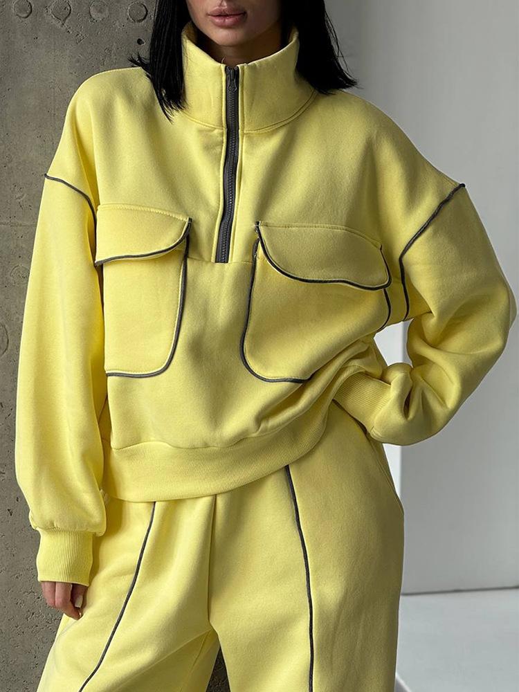 Autumn and Winter Casual Suit Women's Fashion Street Style Sweater Sports Suit Half Open Pocket Jumper Trousers Women