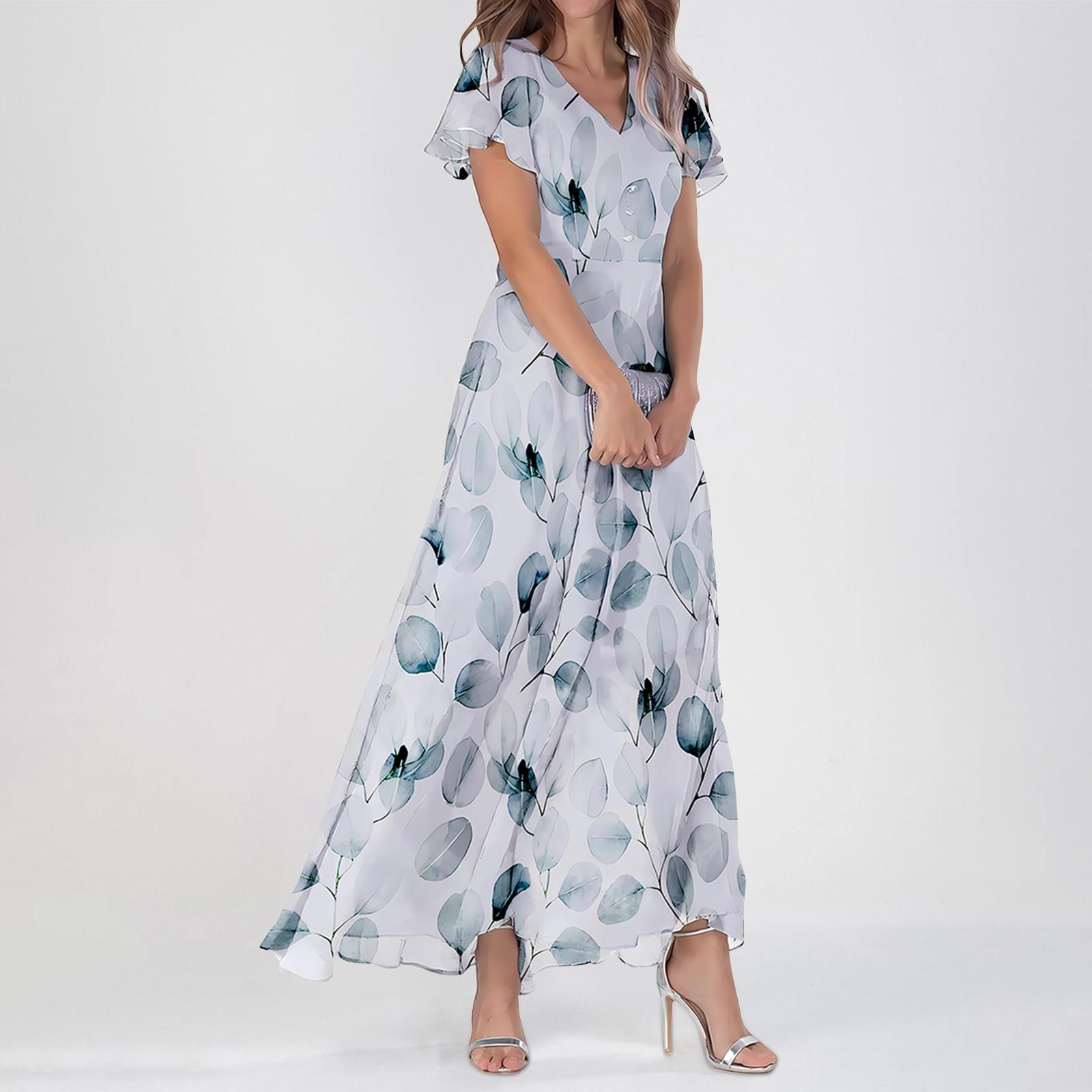 

Женские летние платья Повседневные платья макси с короткими рукавами Милые макси-платья с цветочным принтом Платья для гостей свадьбы Шифоновые струящиеся платья XS