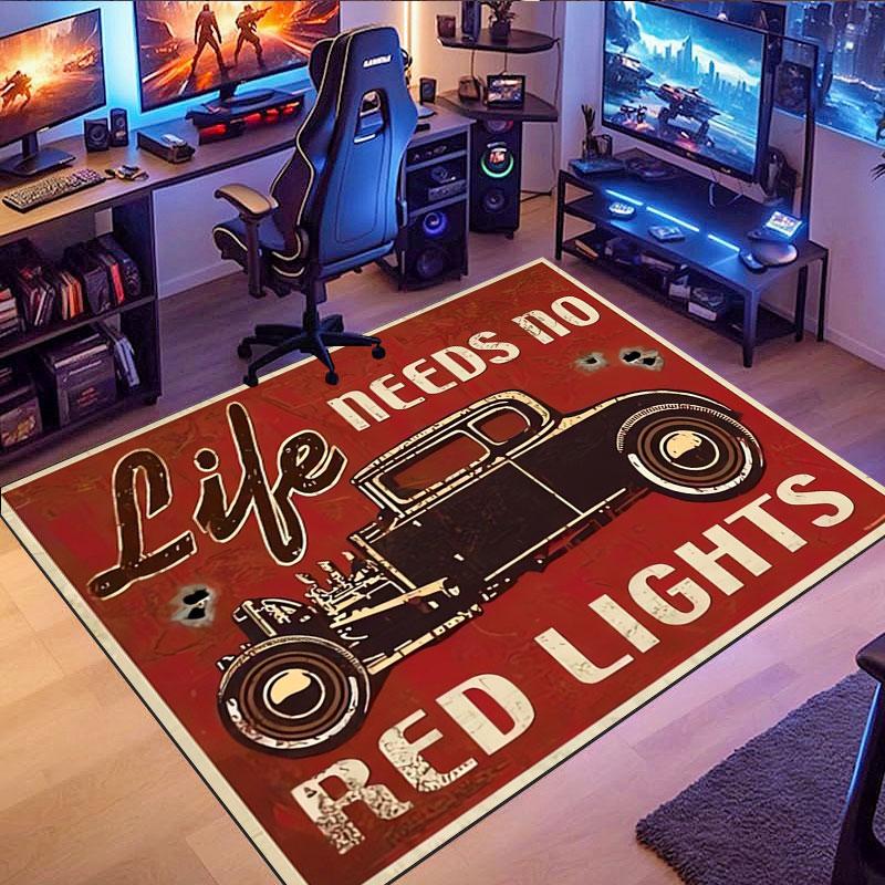 Vintage Car Garage-Themed Rug, suitable for living room, bedroom, game room, computer room and home décor.