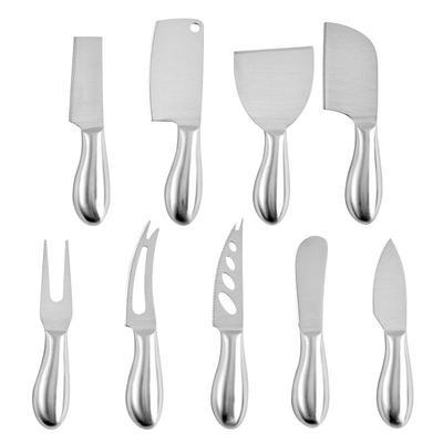 Käsemesserset komplett aus Edelstahl: Hohler Griff mit Buttermesser, Pizzamesser, Käsegabel, Käsekuchenmesser und -gabel.