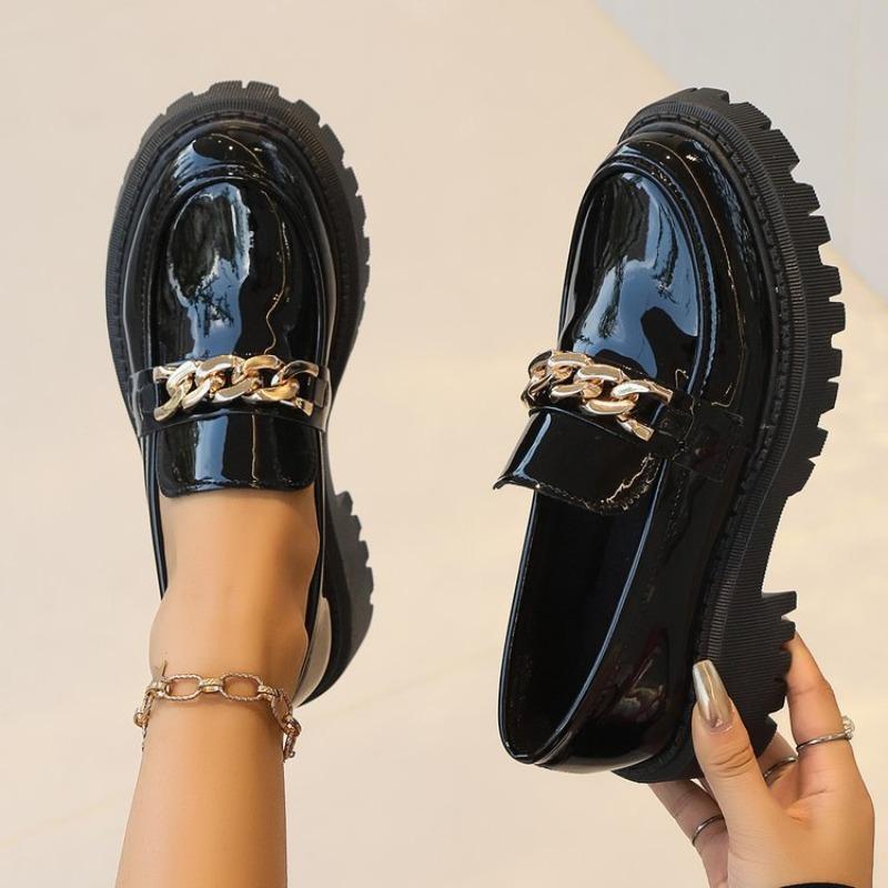 Fashion 2025 Female Shoes Women Fashion Mary Janes Round Toe Flats Loafers Oxfords Platform Casual Metal Chain Buckle Ladies Heels Black