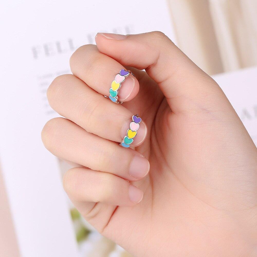 Echte 925 Sterling Silber Ohrringe für Damen Koreanische Regenbogen Herz Emaille Herz Creolen Hochzeitsschmuck Accessoires