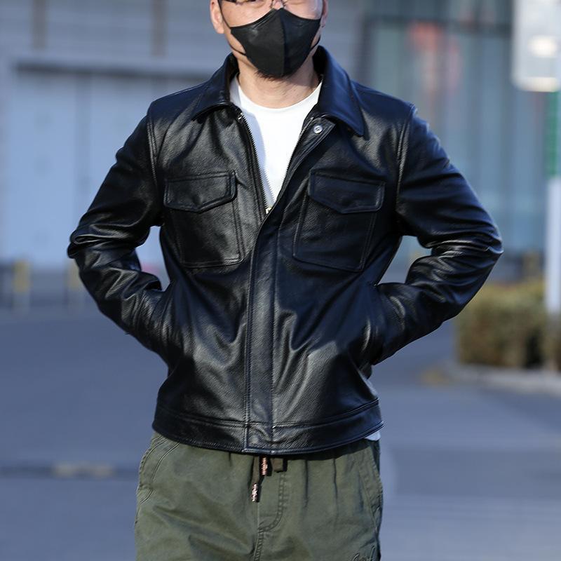 Cowhide print leather jacket for men, trendy and stylish, British style new vintage lapel casual biker leather jacket, windproof
