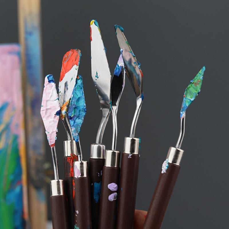 7Pcs Spatula Palette Tool Set Wood Handle Palette Tool Stainless Steel Mixing Scraper for Oil Acrylic Painting