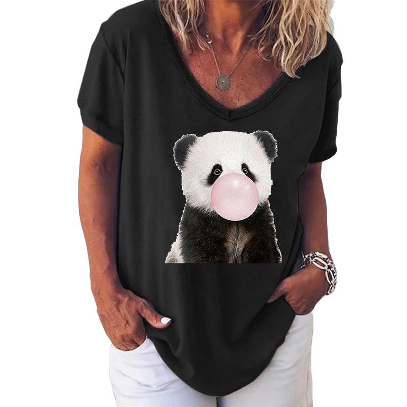 Fashion Spring  Panda Print Blouses Short Sleeved V-Neck T Shirts Casual