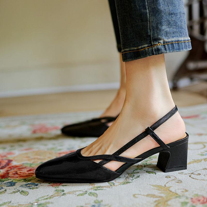 New Women's High-heeled Sandals Thick-heeled Buckle Bag Head Sandals Women's Casual Leather Beef Tendon Sole Square Head Rear Empty Sandals