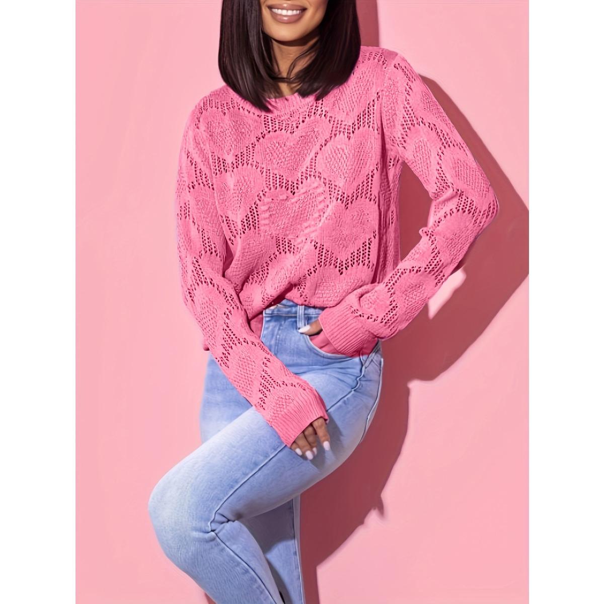 New Crossbody Womens Knit Sweater Lightweight Breathable Heart Pattern Hollow Out Cropped Knit Top Sweet Style Pullover S розовый