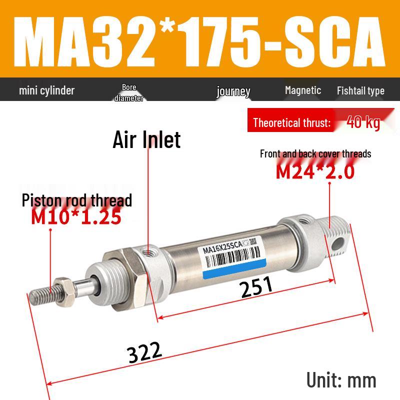 Mini Stainless Steel Pneumatic Cylinder MA Series (16-40mm Bore, 50-200mm Stroke)