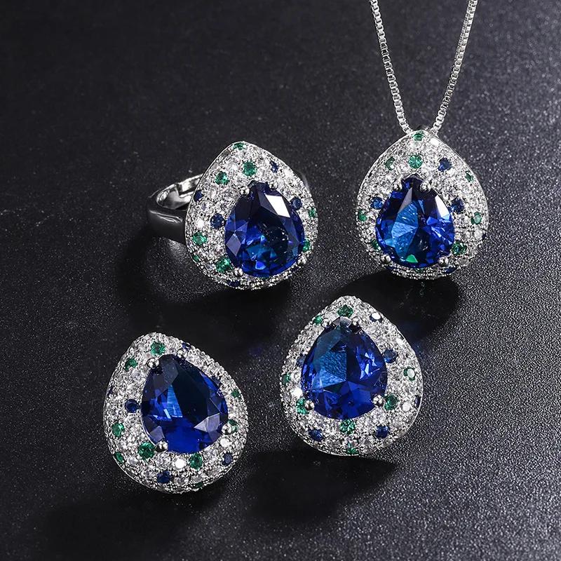 

Retro Tanzanite Blue Gem Water Droplets Color Matching Stone 10*12mm Adjustable Ring Earrings Pendant Woman Jewelry Party Gift One size