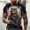 Summer Round Neck Funny Animal Samurai Cat Pattern 3D Print Top Fashionable Casual Short Sleeved Men's T-shirts