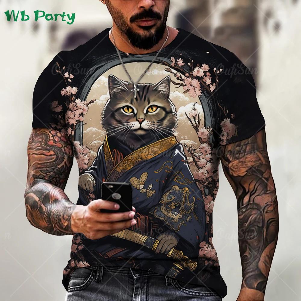 Summer Round Neck Funny Animal Samurai Cat Pattern 3D Print Top Fashionable Casual Short Sleeved Men's T-shirts