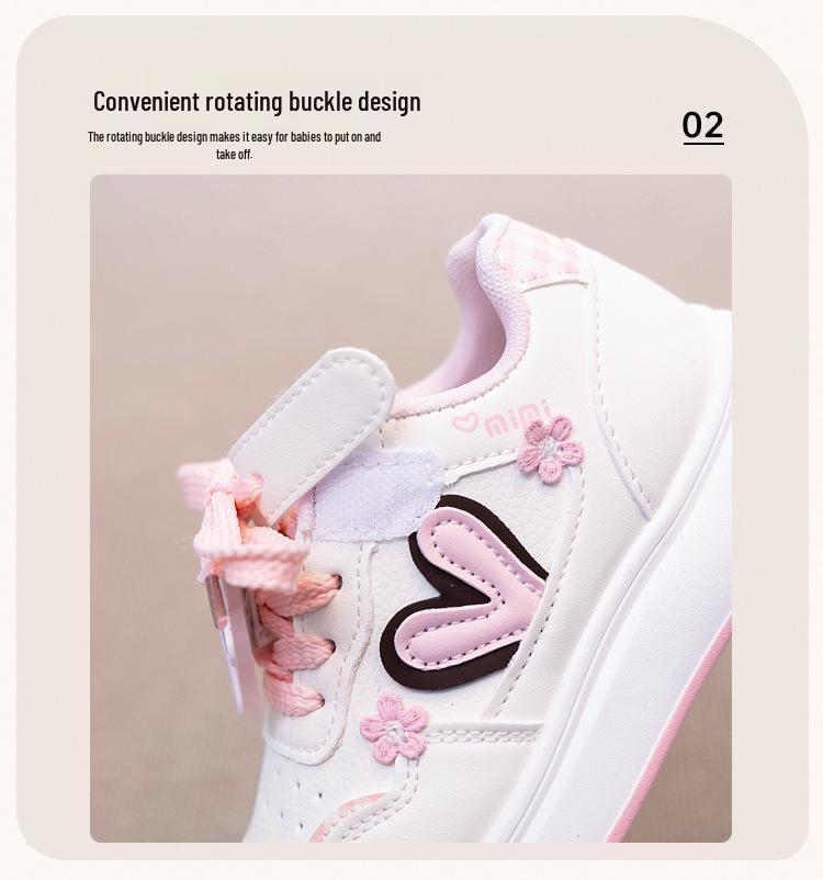 Girls' 2026 Spring Leather Casual White Cartoon Sneakers with Soft Soles