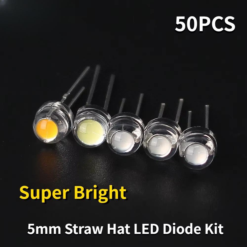 

50PCS Straw Hat LED 5mm Super Bright LED Diode F5 Light Emitting Diode Blue Green Red Yellow White for DIY Electronic Kit жовтий
