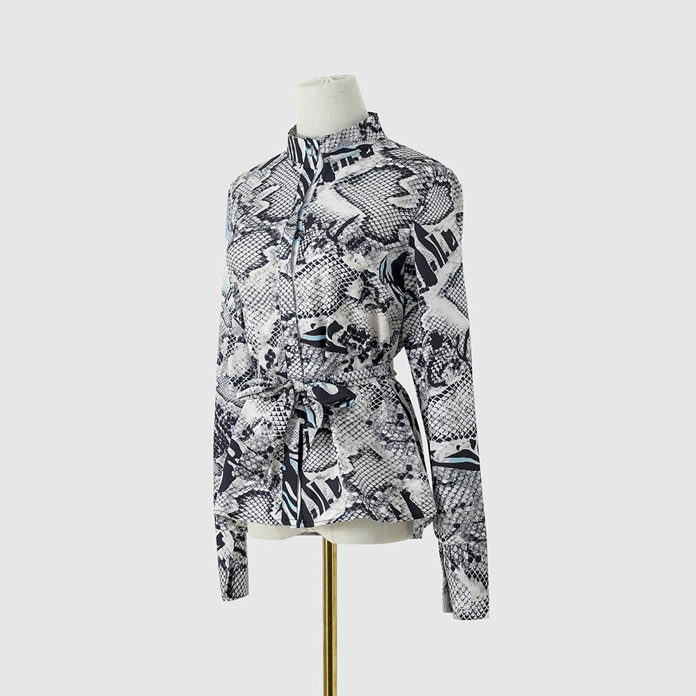 Europäischer & Amerikanischer Stil Damen Herbst Print Krawatte Einreihig Langarm Hemd