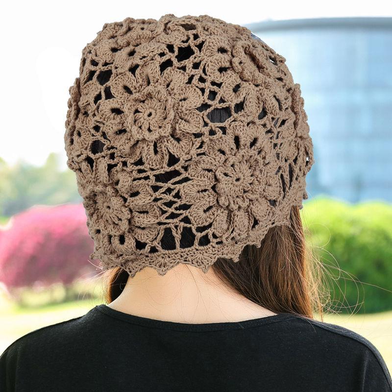 Women's Spring Autumn Thin Crochet Hollow Knitted Hat Mesh Breathable Elegant Handmade Flower Cap