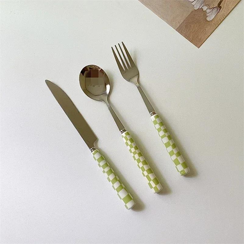 Japanese Korean Checkerboard Knife Fork Spoon Western Dessert Tableware Set Steak Knife Stainless Steel Ceramic Handle Cutlery