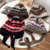 Retro Striped Knitted Woolen Hat Thickened Windproof Beanie Cap Ethnic Style Cold-proof Strap Ear Protection Hat for Women