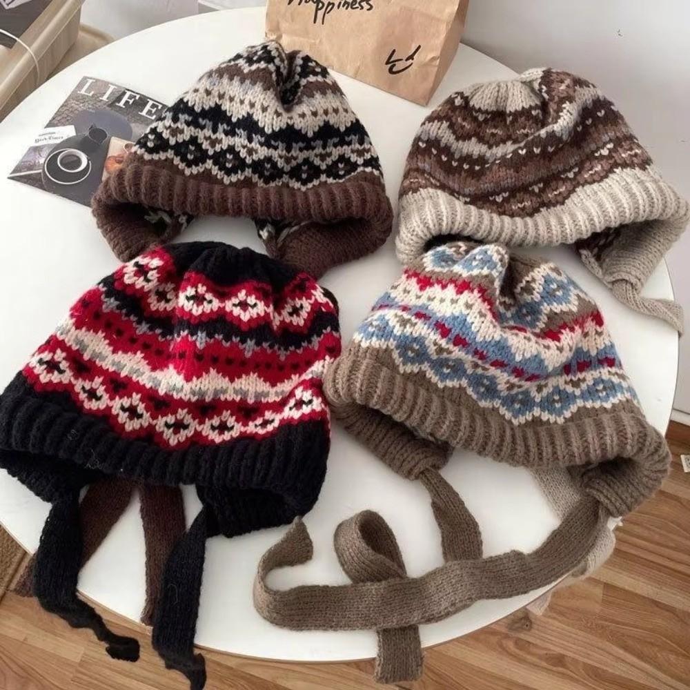 Retro Striped Knitted Woolen Hat Thickened Windproof Beanie Cap Ethnic Style Cold-proof Strap Ear Protection Hat for Women