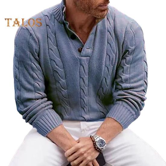 Höst Vinter Herrtröja Hög Krage Nackskydd Knappar Stickad Förtjockad Enfärgad Långärmad Pullover Tröja i Engelsk Stil