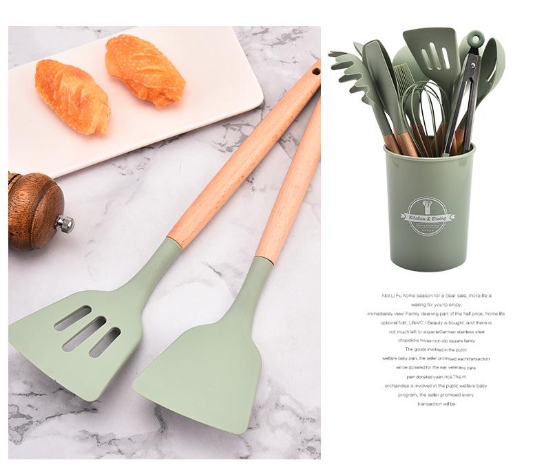 12-teiliges Silikon-Küchenutensilien-Set mit Holzgriffen und Aufbewahrung
