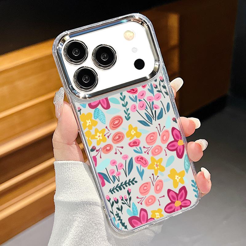 Pink Cartoon Floral Case For iPhone 17 Pro Max iPhone 16 15 14 13 Pro Max 11 17e 16e Plating Lens Frame Clear Soft Silicone Back Cover