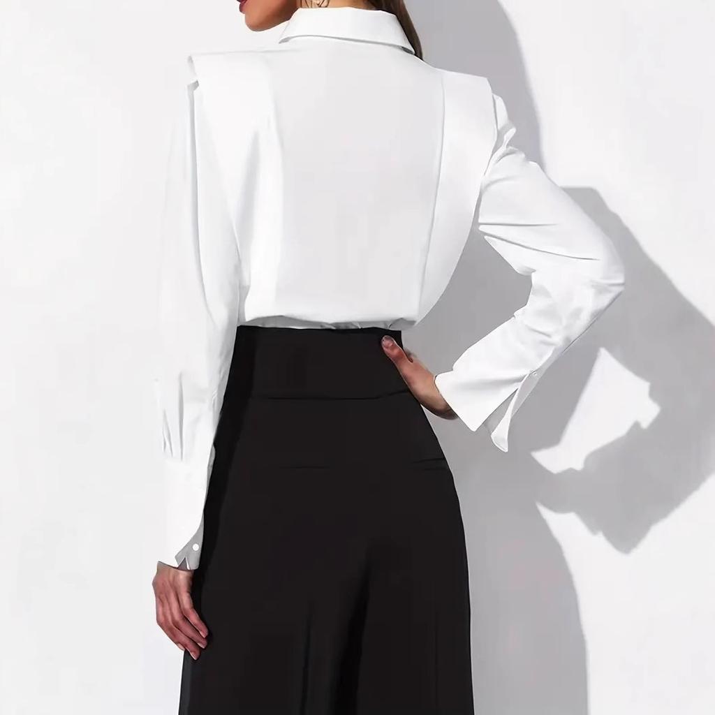 YYFS Camicette e camicie con collo a polo a maniche lunghe con stampa tinta unita primavera autunno moda casual da donna