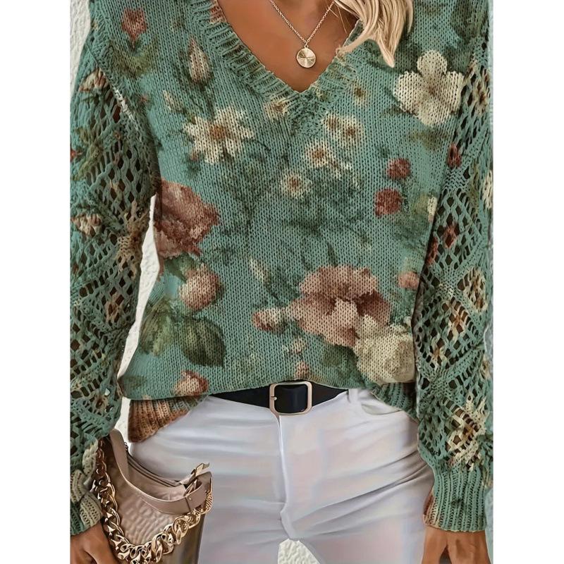 Bohemian Floral V-neck Sweater - Elegant, Long Sleeve Pullover Top