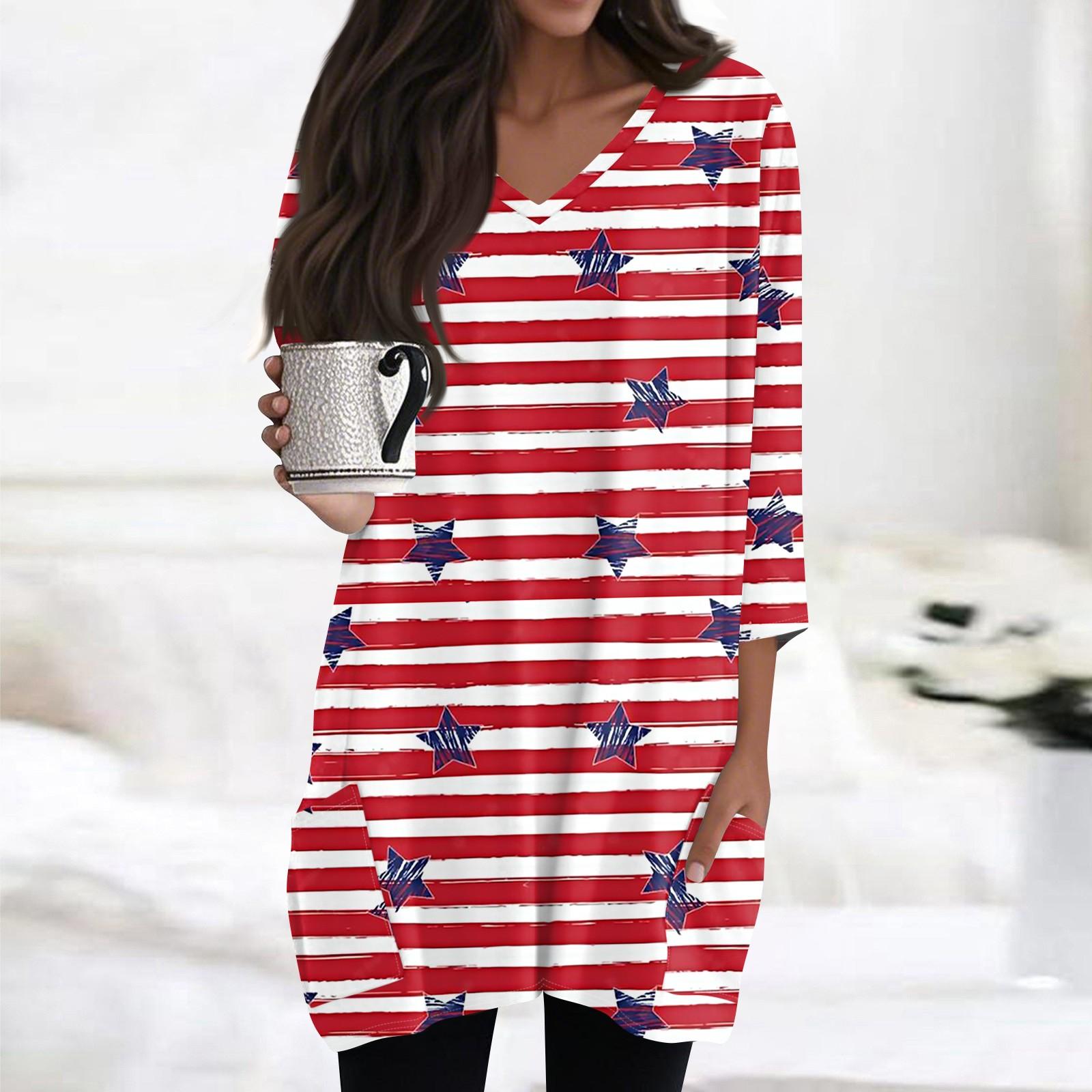 

Womens Tops V-neck 3/4 Sleeve Blouses Casual Mid-length Shirts Fashion Print Tunic Tops With Pockets S