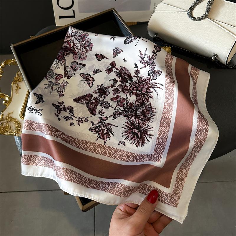 SpringSummer 70Cm Fashion Square Scarf Leisure Neckerchief Imitation Silk Bandannas Women’S Butterfly&Flower Print Shawl
