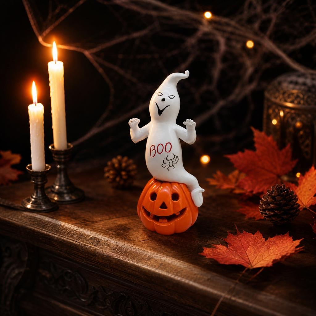 Halloween Ghost and Pumpkin Figurine Decorative Ornament for Holiday Seasonal Display Indoor Outdoor Use Festive Tabletop Accessory