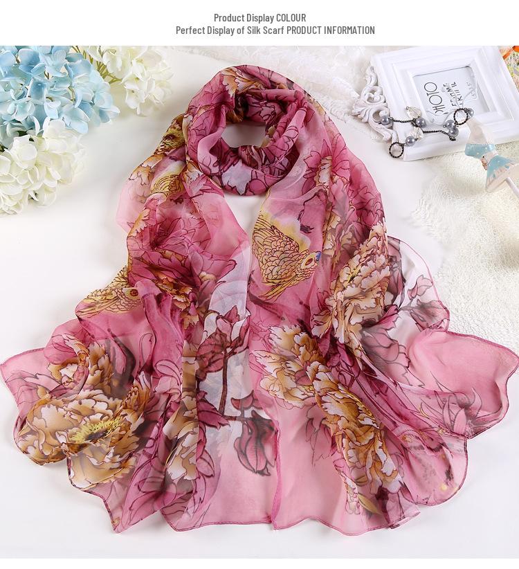 New Summer Korean-Style Peony Women's Long Chiffon Silk Scarf - Sun Protection