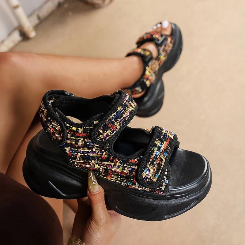 Fashion 2025 New Sequin Wedge Sandals Women Plus Size Chunky Platform Summer Sandles Woman Fashion Fish Mouth Thick Sole Sandalias