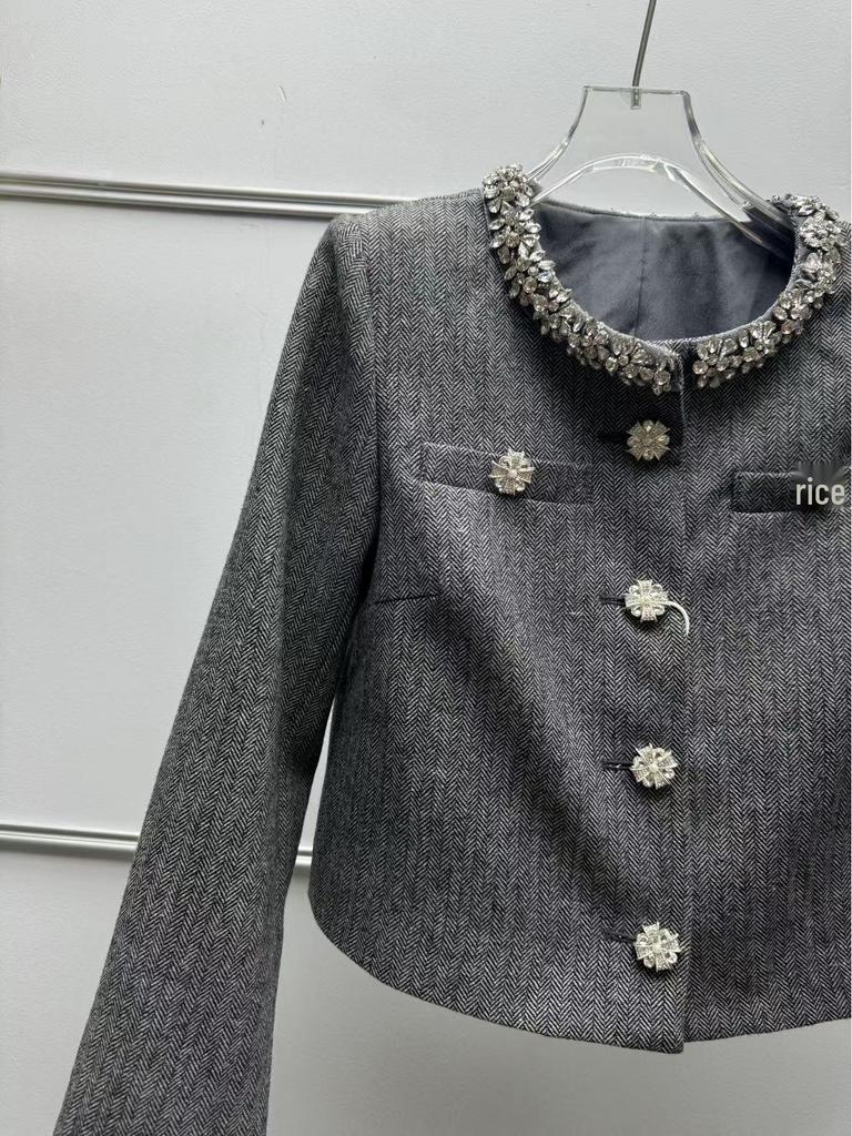 Nanyou Women's Mixed Color Rhinestone Herringbone Wool-Blend Jacket and Slit Skirt Set