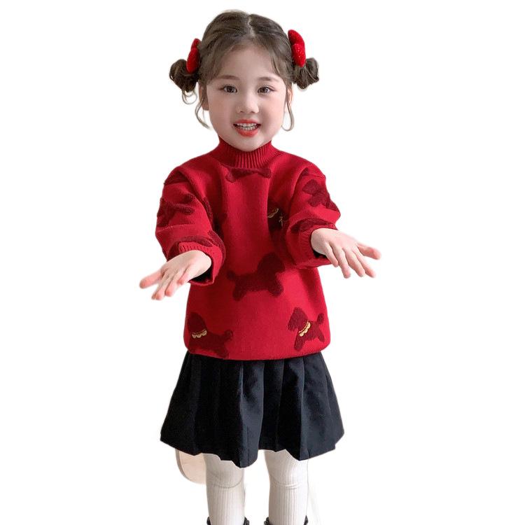 Girls' 2025 Red Cartoon Knit Sweater - Cozy & Stylish Autumn/Winter Top