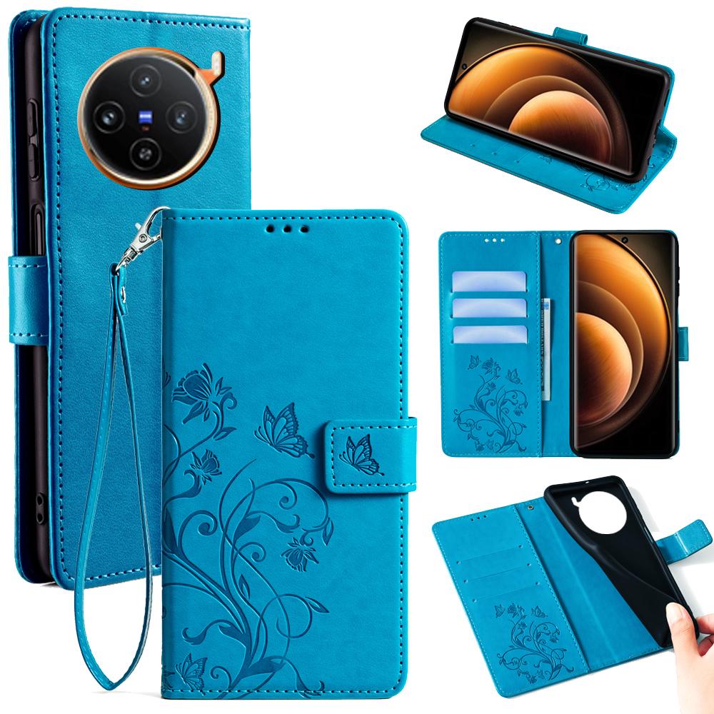 For vivo X100 5G Wallet Case Butterfly Imprinted PU Leather Wrist Strap Phone Cover