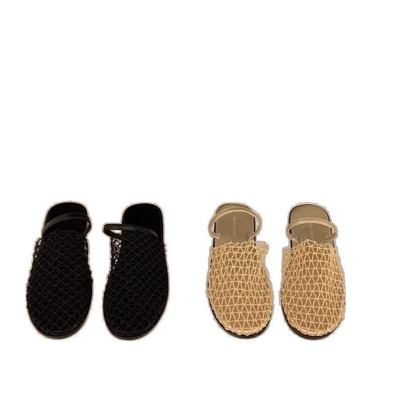 Sommar ny mesh vävd ihålig väska huvudtofflor moderiktiga ytterkläder platt botten sandaler med sandaler kvinnor