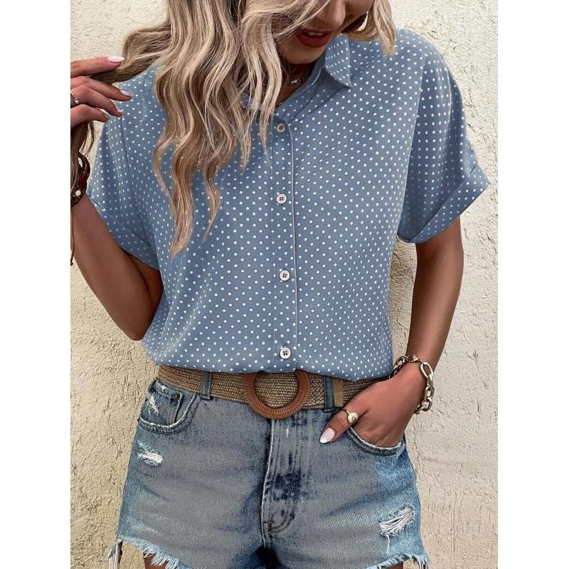 Womens Loose Fit Short Sleeve Printed Shirt Casual Vacation Style Collared Open Front Top