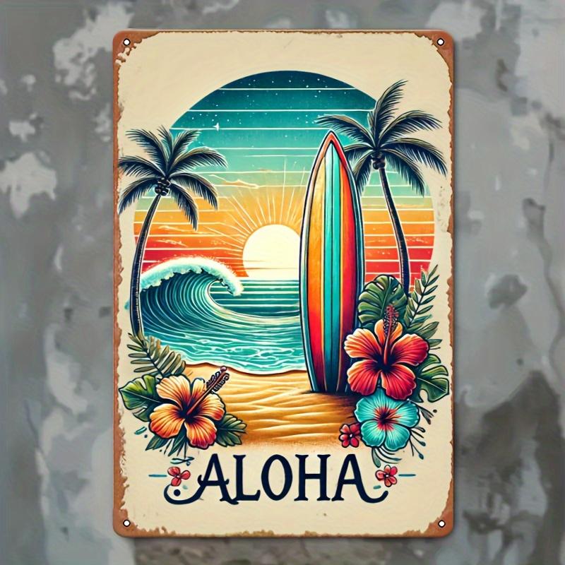 Vintage Aloha Beach Metal Wall Sign - Tropical Surfboard & Sunset Design with Trees & Flowers, , Perfect for Kitchen, Cafe, 20x30cm（7.8x11.8inch）