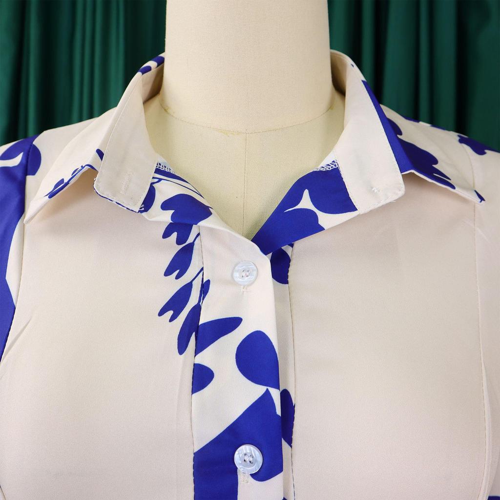 European and American Plus Size Women's Irregular Lapel Dress with Temperament Print