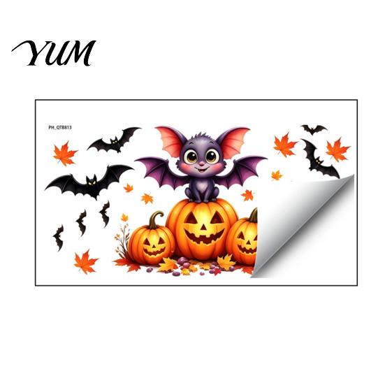 Safe Adhesive Autumn Scenery for Nursery Cute Halloween Wall Decals, Black Cat Witch Bat Pumpkin Stickers, Fall Removable Layered Three Dimensional