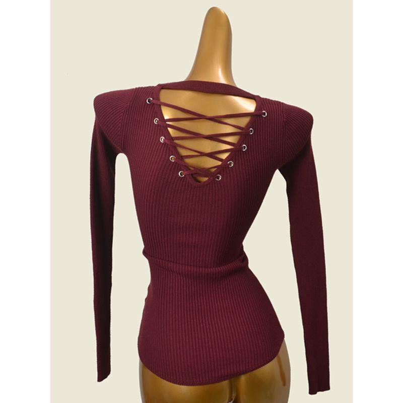 Foreign Trade Original Order Lace-up Slim fit High Elastic Knitted Bottoming Shirt Early Autumn Solid Curved Hem Backless Skin-friendly Pullover