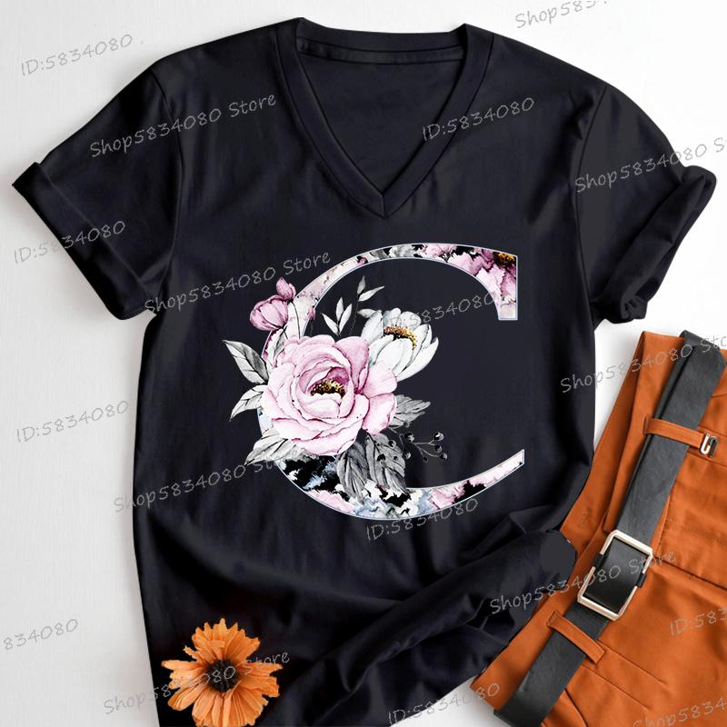 Womens Clothing AZ 26 Alphabet Flower Vintage Design Tshirts Retro Birthday Gift for Women Floral Letters A B C D Classic Top