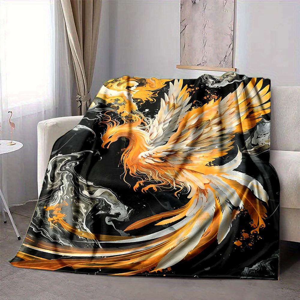 1Pc Golden Phoenix Flannel Blanket, Soft And Comfortable, Casual Warm, Camping Travel, Christmas, Halloween Xmas Gift. G1230